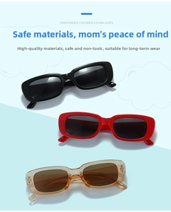 Vertical stack of retro rectangle kids sunglasses in black, red and amber jelly colors