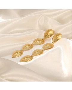 Detail of gold layered teardrop earrings with radial texture on white satin background