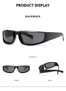 Detailed views of black wrap-around sports sunglasses showing front, back, and 45-degree angles