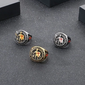 Mens Knight Templar shield rings in gold and silver with Armor of God Bible engraving