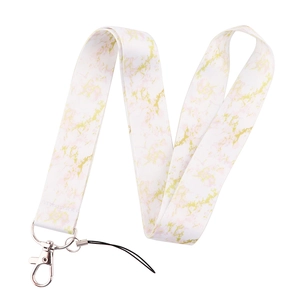 Close-up of pink and gold marble pattern lanyard with silver metal lobster clasp