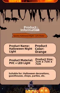 Detail view of orange Halloween LED pumpkin light with product specifications and dimensions