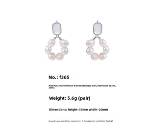 Detailed view of silver stainless steel earrings with shell inlay and freshwater pearls