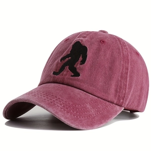 Detail of vintage washed burgundy cotton baseball cap with black Bigfoot silhouette embroidery