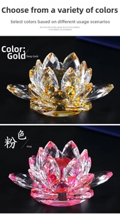 Detail of pink and gold crystal lotus ornaments with multi-faceted cut reflecting light