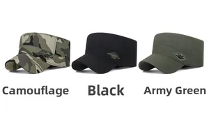 Detail of army style camouflage and solid flat top caps with ARMY SPIRIT embroidery
