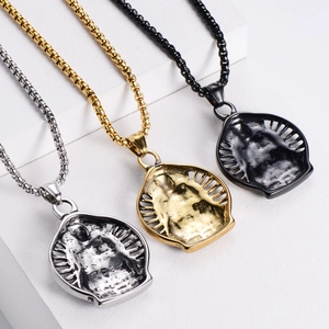 Three Virgin Mary relief necklaces in gold, silver, and black finishes on box chains