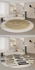 Detail of round minimalist rugs with abstract lines on wear-resistant crystal velvet