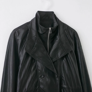 French retro black leather jacket with stand collar and metallic zipper detail