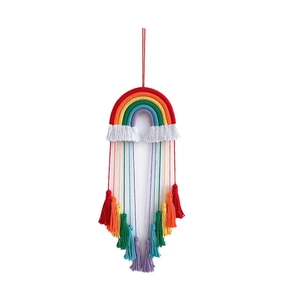 Handmade rainbow woven wall hanging with white cotton tassels and clouds for home decor