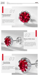 Detail of S925 silver stud earrings with round red ruby and handcrafted diamond setting