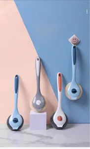 Long-handled kitchen cleaning brush with replaceable nanfiber scrub ball and wall mount