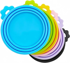 Detailed view of colorful silicone pet food can lids showing flexible multi-fit universal rings