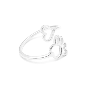 Adjustable silver ring featuring hollow heart and dog paw cutouts for women