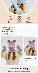 Detailed view of children's fleece-lined knit hat set with neck gaiter and matching gloves