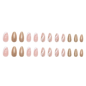 Almond fake nails set with nude pink swirls and gold glitter patterns in 24 pieces