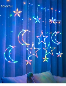 Multicolor LED star and moon curtain lights hanging on striped curtains for room decor