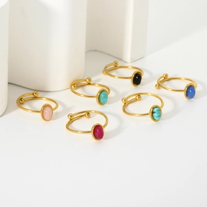 Set of six colorful natural stone 18K gold plated stainless steel open rings for women