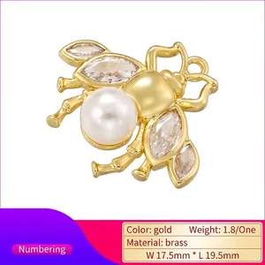 Elegant gold-tone brass honey bee earring pendant with pearl and crystal wings