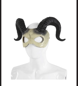 Detailed view of white devil horn half face mask with long black horns on a head model