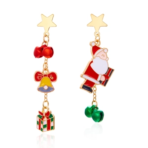 Asymmetric Christmas earrings featuring Santa Claus, green bells, and colorful pendants