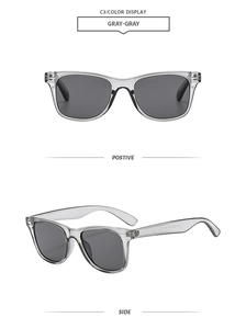 Detailed front and side views of transparent gray square sunglasses with dark gray lenses