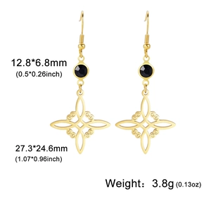 Golden hollow Celtic knot earrings with black rhinestones and dimension markings