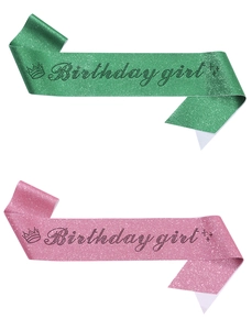 Pink and green glitter birthday girl sashes with crown graphics on white background