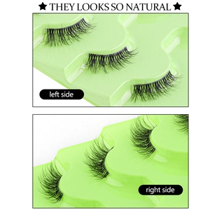 Detailed macro view of natural half-lash extensions on green tray with cross-woven texture