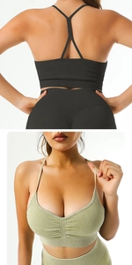 Detailed view of ribbed texture and Y-shape back design on sports bra for yoga