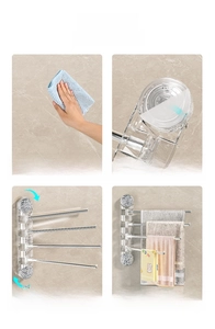 Four-step installation guide for suction cup rotating towel rack on marble wall