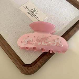 Pink acetate flower hair claw clip with white bows and rhinestones for women