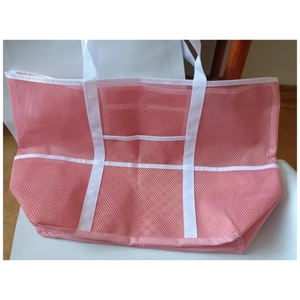 Sac de plage en maille rose avec sangles blanches et 9 poches pour voyage et toilette