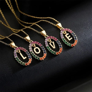 18K gold plated LOVE letter necklaces set with colorful zircon rainbow pendants