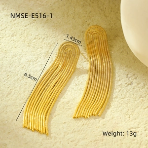 Macro detail of 18K gold plated stainless steel tassel earrings showing 6.5cm length