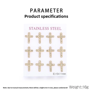 Detailed parameter view of 12pcs gold stainless steel cross earrings with crystals
