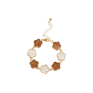 Bracelet vintage doré avec fleurs émaillées crème et marron et fermoir mousqueton