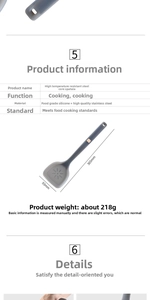 Detailed view of heat-resistant grey silicone spatula with steel core and size dimensions