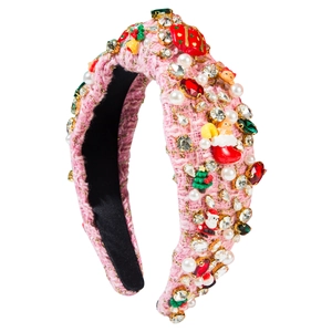Pink tweed Christmas headband decorated with pearls, rhinestones and festive charms