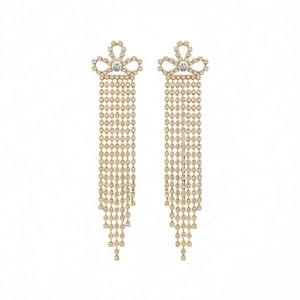 Vintage style gold tassel earrings with sparkling rhinestones and elegant bow design