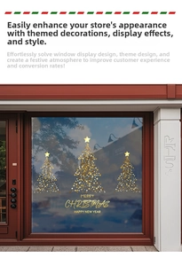 Golden star Christmas tree window decals with Merry Christmas and Happy New Year text