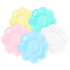 Five colorful flower-shaped plastic paint palettes stacked for kids art and craft work