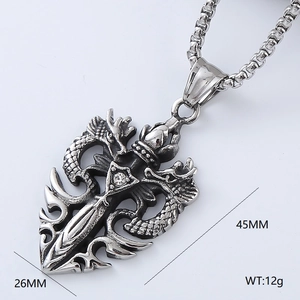 Silver 304 stainless steel dragon cross pendant necklace with size and weight specs
