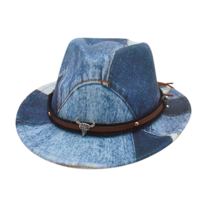 Classic blue patchwork denim fedora hat with western steer skull and leather strap