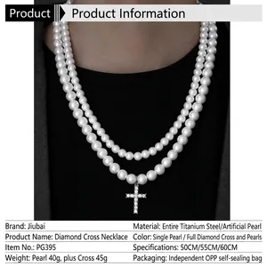 Double layered pearl necklace with diamond-set titanium steel cross pendant on model
