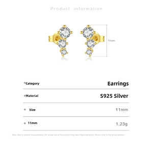 Detailed size specifications for S925 sterling silver triple-zircon curve earrings in gold
