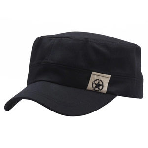 Black cotton military flat top cap with a star logo patch on white background