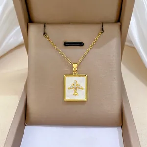 Airplane Pendant Necklace With White Mother Of Artificial Pearl Square Gold Plated Stainless Steel Chain For Women Elegant Rhinestone