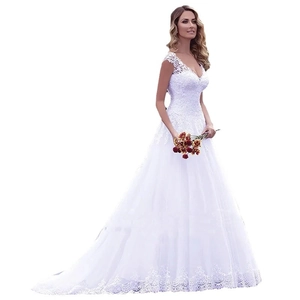 Elegant V-neck white lace embroidery wedding dress with sleeveless A-line tulle train