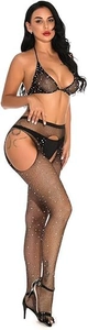 Close-up of black fishnet stockings with silver rhinestones and open crotch design